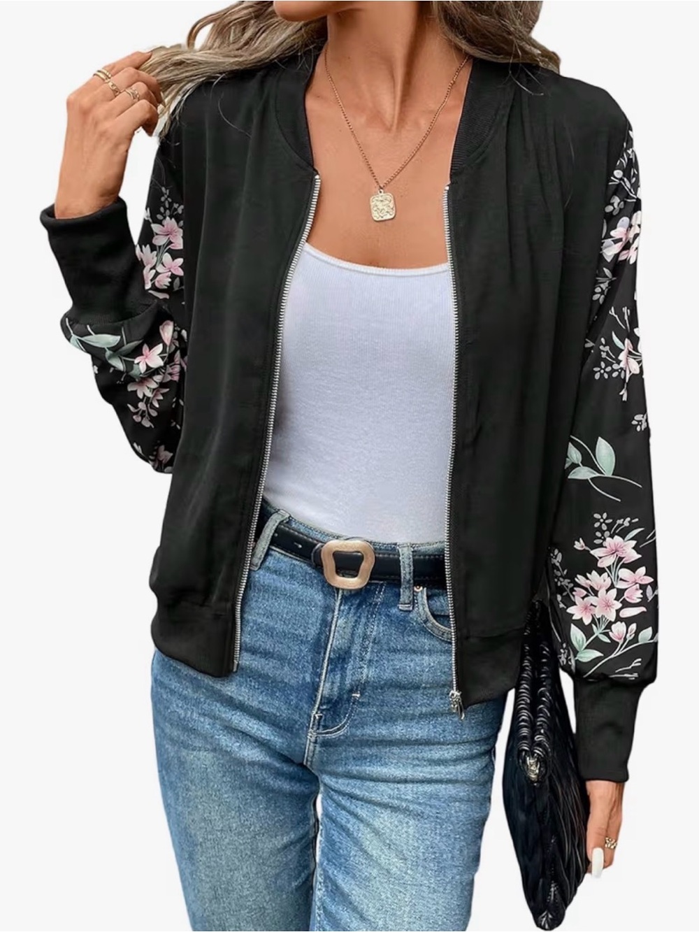Echowish Black Floral Sleeve Bomber Jacket Women's Casual Zip-Up Size Medium NEW